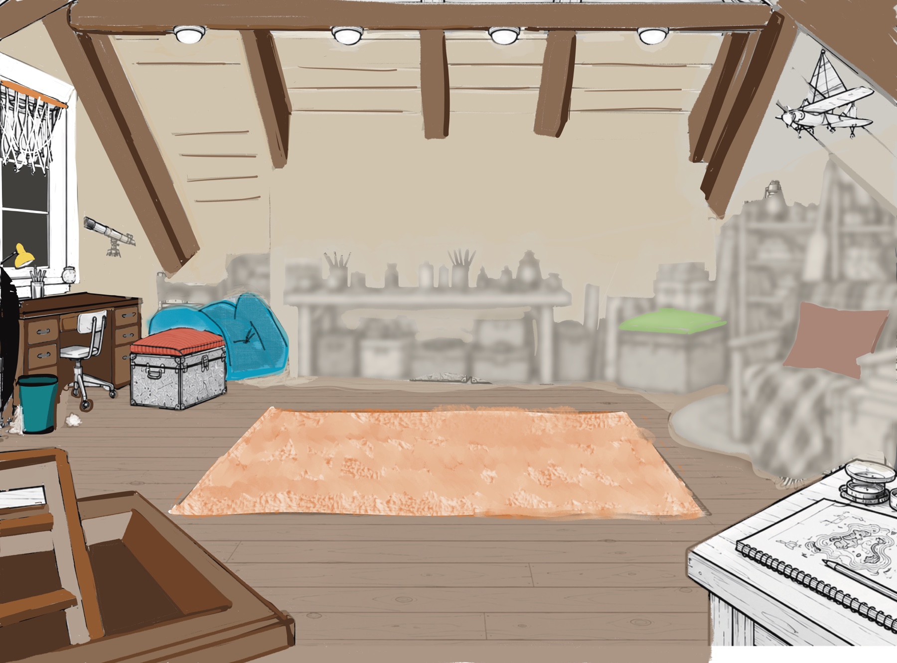 Wide illustration of the clubhouse in Gilli's old three-car garage loft