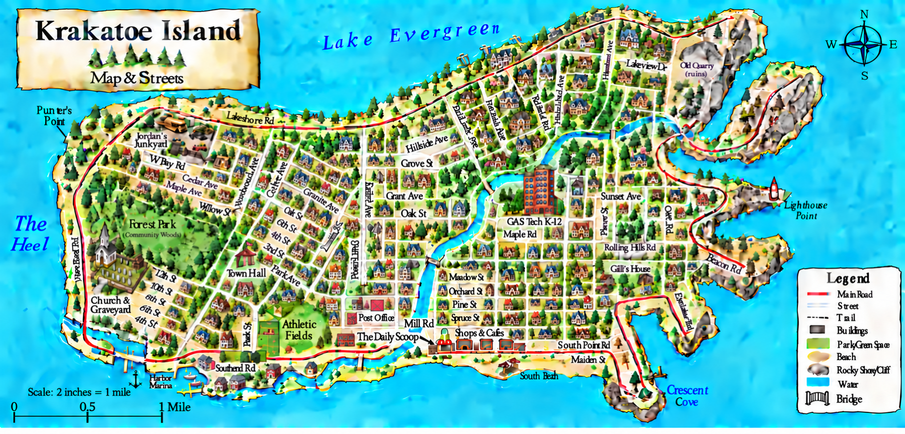 Illustrated street map of Krakatoe Island with its established neighborhoods, developed town blocks, and story locations